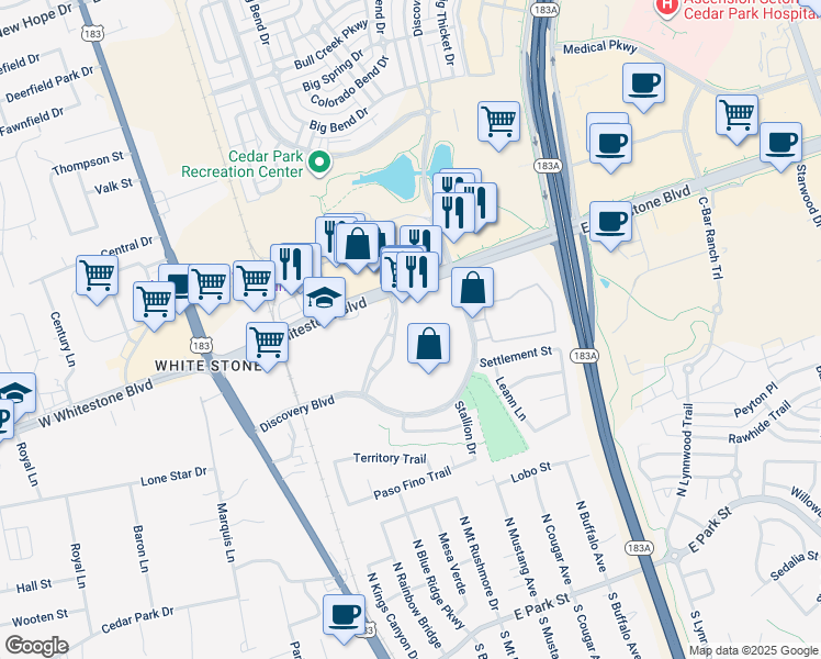 map of restaurants, bars, coffee shops, grocery stores, and more near 910 Quest Parkway in Cedar Park
