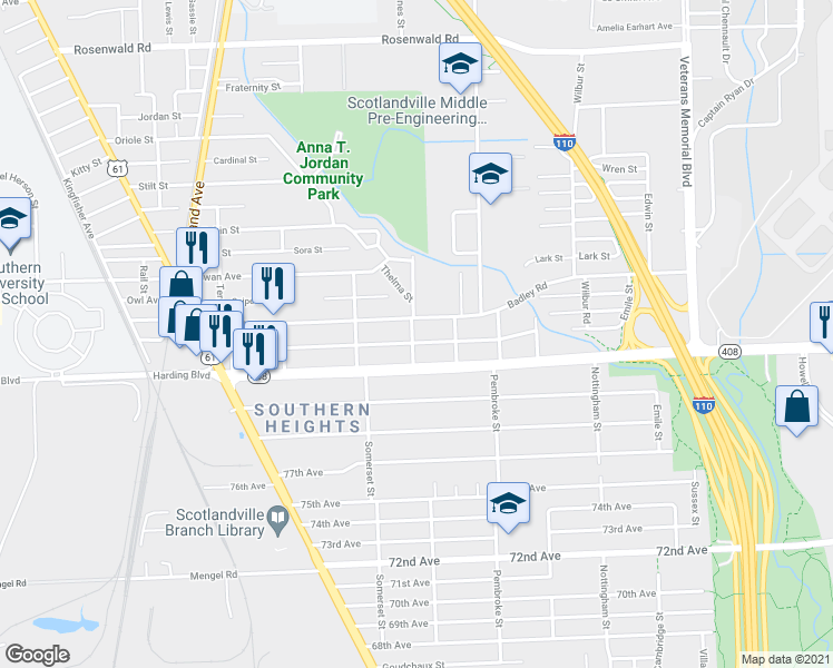 map of restaurants, bars, coffee shops, grocery stores, and more near 8128 Jones St in Baton Rouge