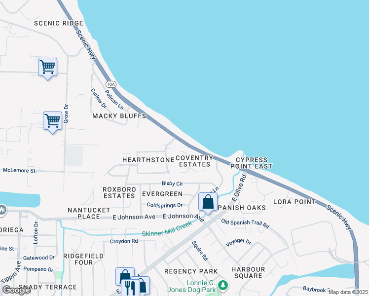 map of restaurants, bars, coffee shops, grocery stores, and more near 4310 Roxborough Place in Pensacola