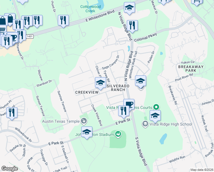 map of restaurants, bars, coffee shops, grocery stores, and more near 500 Clover Flat Road in Cedar Park