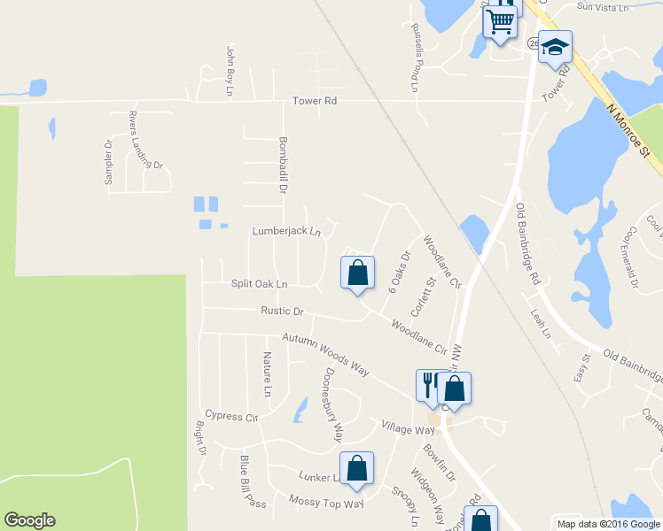 map of restaurants, bars, coffee shops, grocery stores, and more near 5602 Lumberjack Lane in Tallahassee