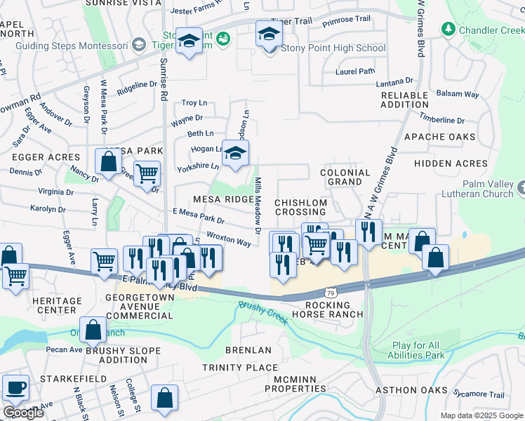 map of restaurants, bars, coffee shops, grocery stores, and more near 1401 Mills Meadow Drive in Round Rock