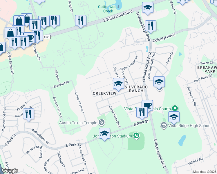 map of restaurants, bars, coffee shops, grocery stores, and more near 1918 Laminar Creek Road in Cedar Park