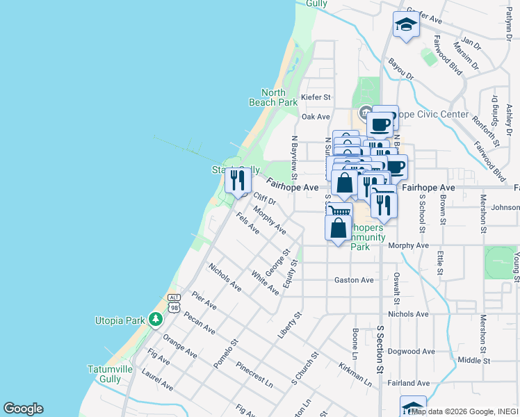map of restaurants, bars, coffee shops, grocery stores, and more near 106 Freedom Street in Fairhope