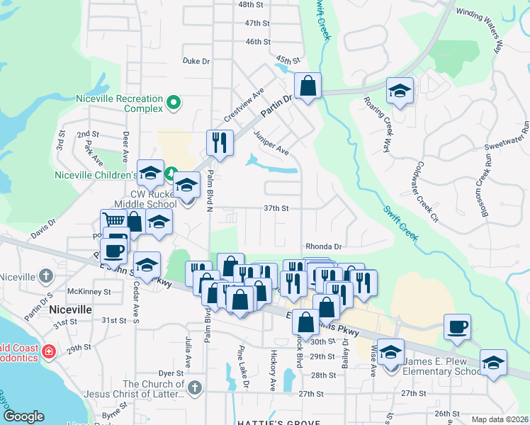map of restaurants, bars, coffee shops, grocery stores, and more near 100 Alan A Dale Drive in Niceville