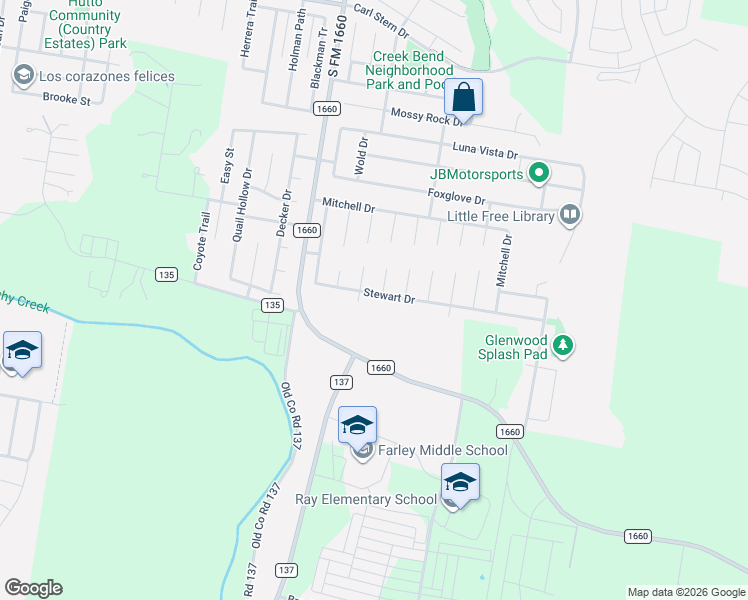 map of restaurants, bars, coffee shops, grocery stores, and more near 502 Stewart Drive in Hutto
