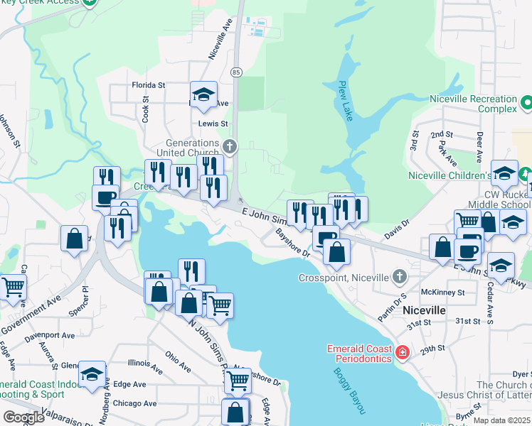 map of restaurants, bars, coffee shops, grocery stores, and more near 100 John Sims Parkway in Niceville