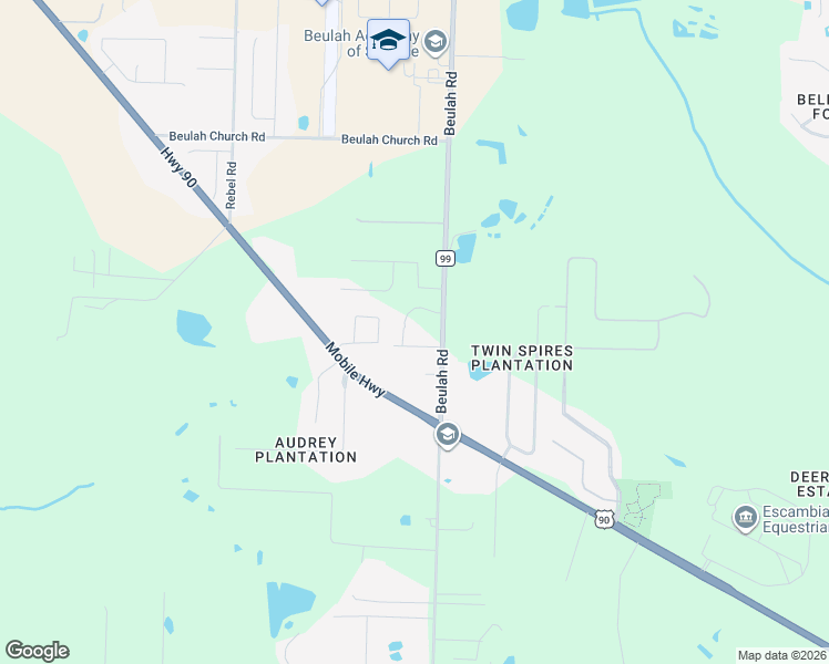 map of restaurants, bars, coffee shops, grocery stores, and more near 8455 Beulah Road in Pensacola