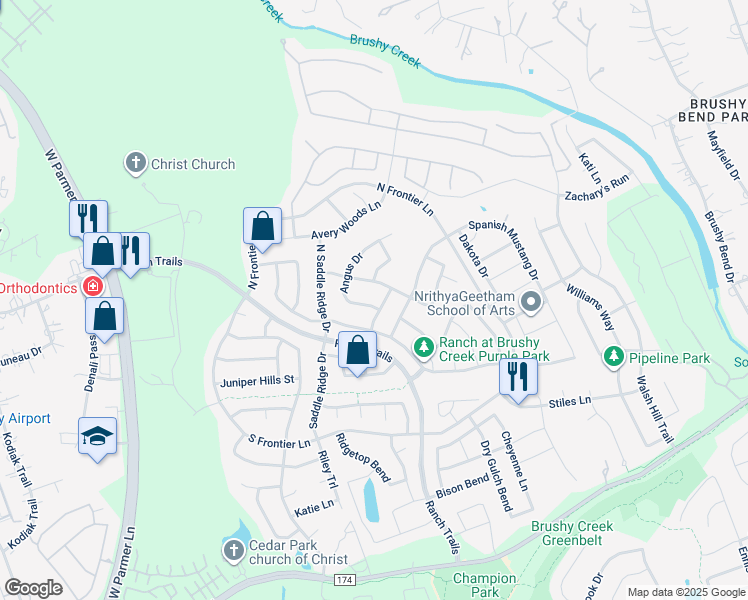 map of restaurants, bars, coffee shops, grocery stores, and more near 202 Angus Drive in Cedar Park