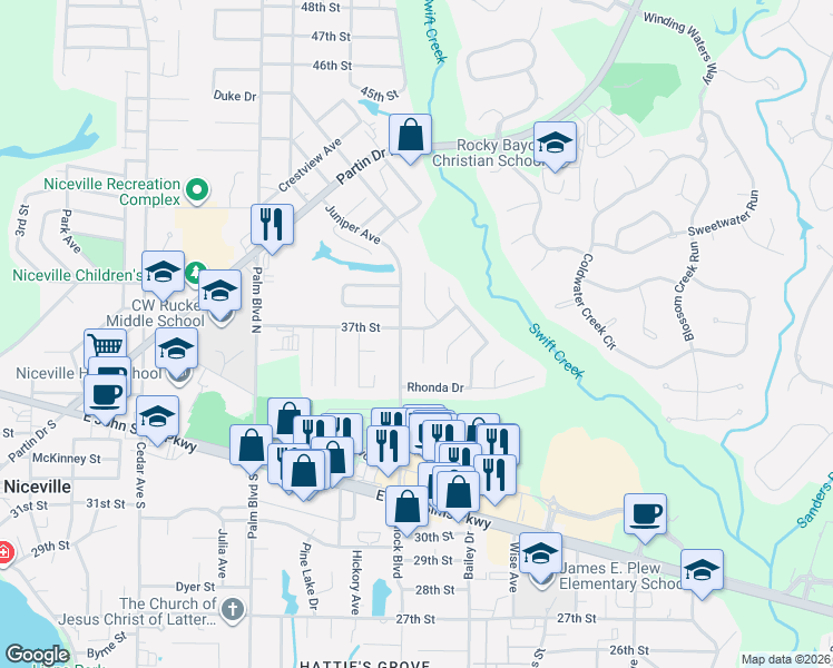 map of restaurants, bars, coffee shops, grocery stores, and more near 301 Goldenrod Court in Niceville
