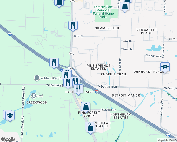 map of restaurants, bars, coffee shops, grocery stores, and more near 8500 Sharon Lane in Pensacola