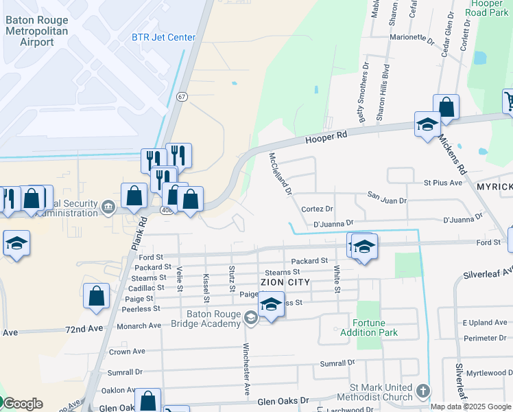 map of restaurants, bars, coffee shops, grocery stores, and more near 8210 Cypress Road in Baton Rouge