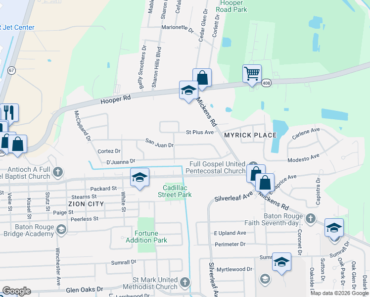 map of restaurants, bars, coffee shops, grocery stores, and more near 6290 San Juan Drive in Baton Rouge