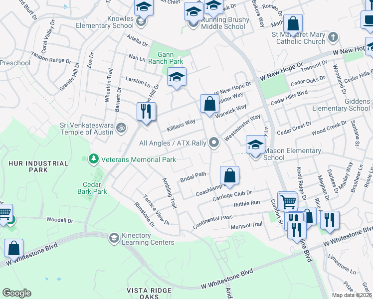 map of restaurants, bars, coffee shops, grocery stores, and more near 2012 Parksville Way in Cedar Park