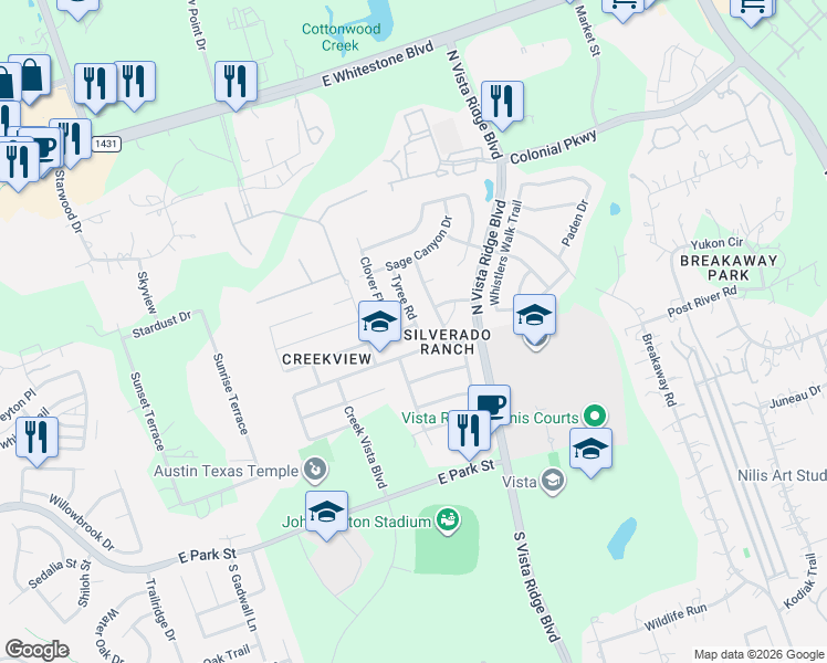 map of restaurants, bars, coffee shops, grocery stores, and more near 2114 Conn Creek Road in Cedar Park