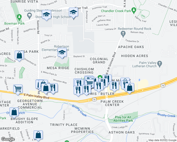 map of restaurants, bars, coffee shops, grocery stores, and more near 1717 East Mesa Park Drive in Round Rock
