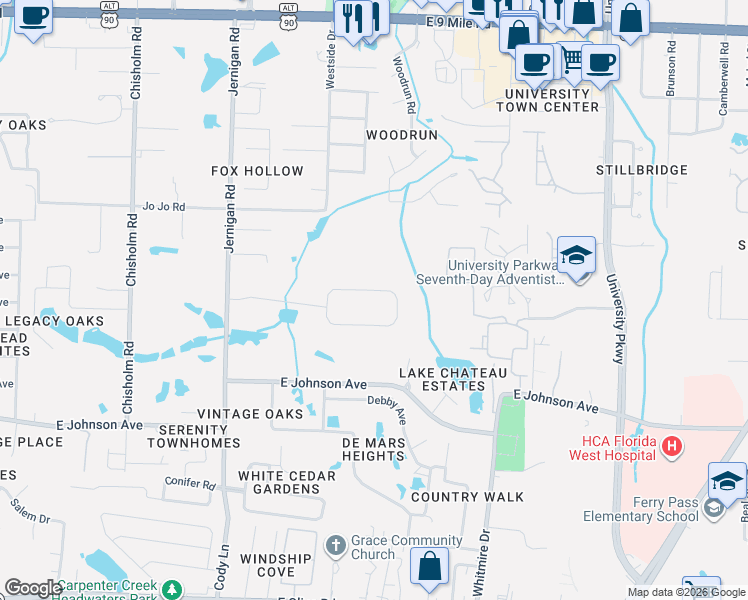 map of restaurants, bars, coffee shops, grocery stores, and more near 1430 Finley Drive in Pensacola