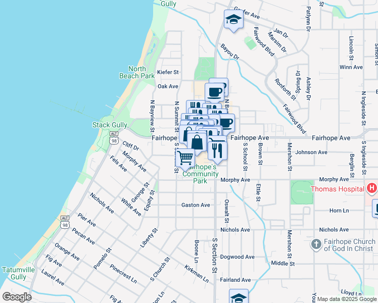 map of restaurants, bars, coffee shops, grocery stores, and more near 51 South Church Street in Fairhope