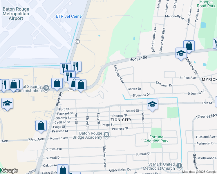 map of restaurants, bars, coffee shops, grocery stores, and more near 8210 Cypress Road in Baton Rouge