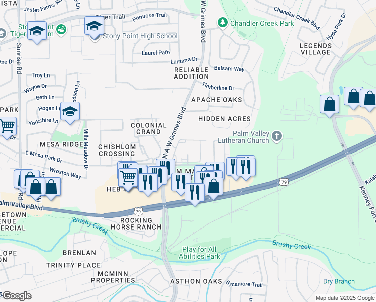 map of restaurants, bars, coffee shops, grocery stores, and more near 1301 A.W. Grimes Boulevard in Round Rock