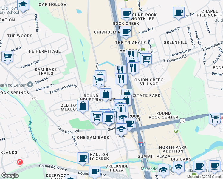map of restaurants, bars, coffee shops, grocery stores, and more near 1525 Chisholm Trail Road in Round Rock