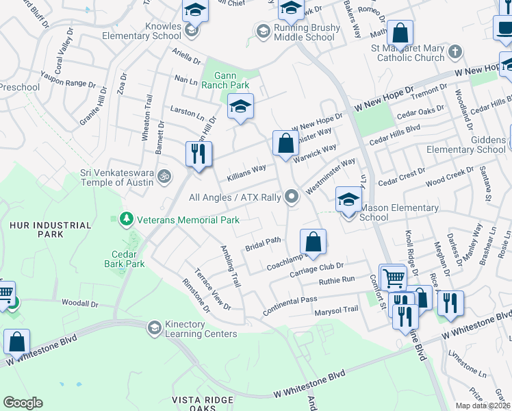 map of restaurants, bars, coffee shops, grocery stores, and more near 2012 Parksville Way in Cedar Park