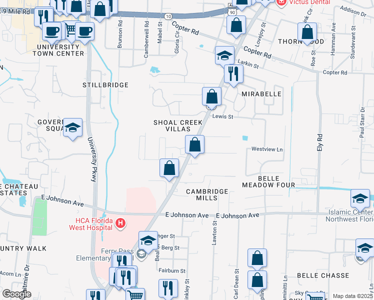 map of restaurants, bars, coffee shops, grocery stores, and more near 8700 North Davis Highway in Pensacola