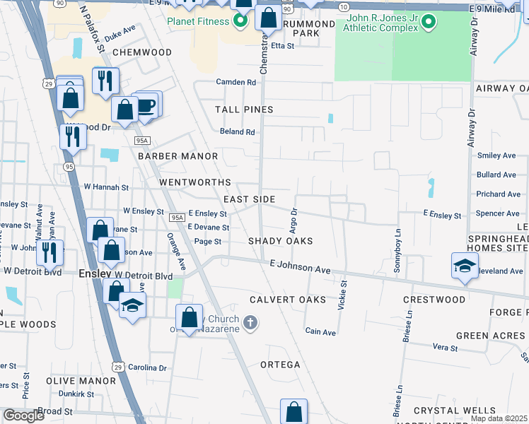 map of restaurants, bars, coffee shops, grocery stores, and more near 8620 Chemstrand Rd in Pensacola