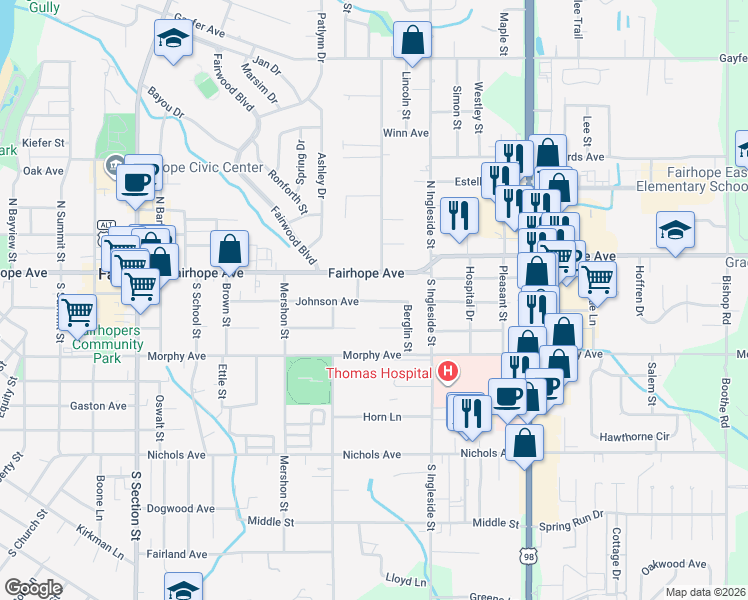 map of restaurants, bars, coffee shops, grocery stores, and more near 699 Johnson Avenue in Fairhope