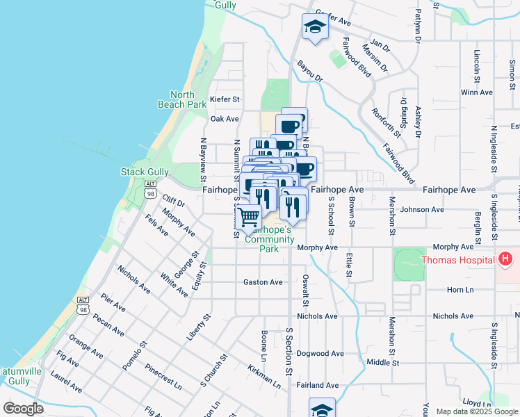 map of restaurants, bars, coffee shops, grocery stores, and more near 54 South Church Street in Fairhope