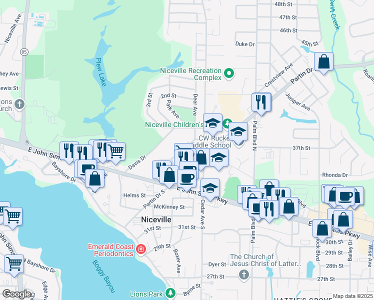map of restaurants, bars, coffee shops, grocery stores, and more near 709 Cypress Drive in Niceville