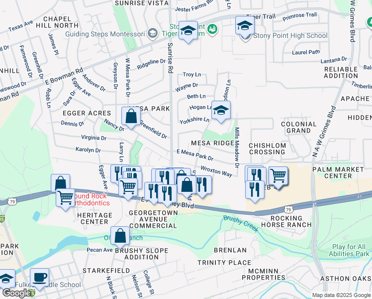 map of restaurants, bars, coffee shops, grocery stores, and more near 1210 East Mesa Park Drive in Round Rock