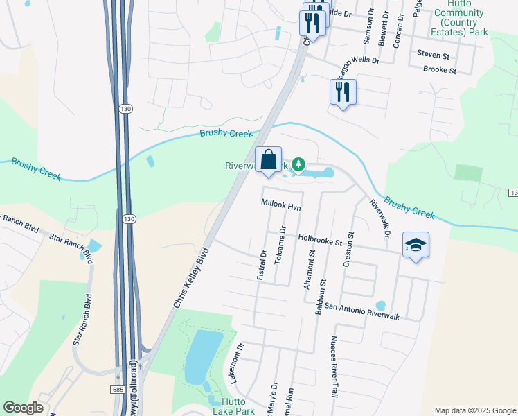 map of restaurants, bars, coffee shops, grocery stores, and more near 103 Towan Way in Hutto