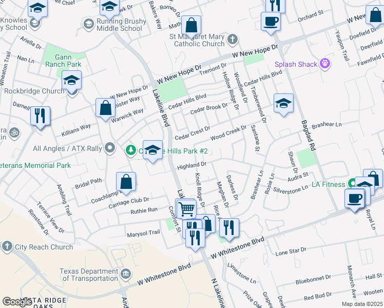 map of restaurants, bars, coffee shops, grocery stores, and more near 1507 Knoll Ridge Drive in Cedar Park