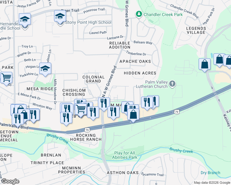map of restaurants, bars, coffee shops, grocery stores, and more near 1301 A.W. Grimes Boulevard in Round Rock