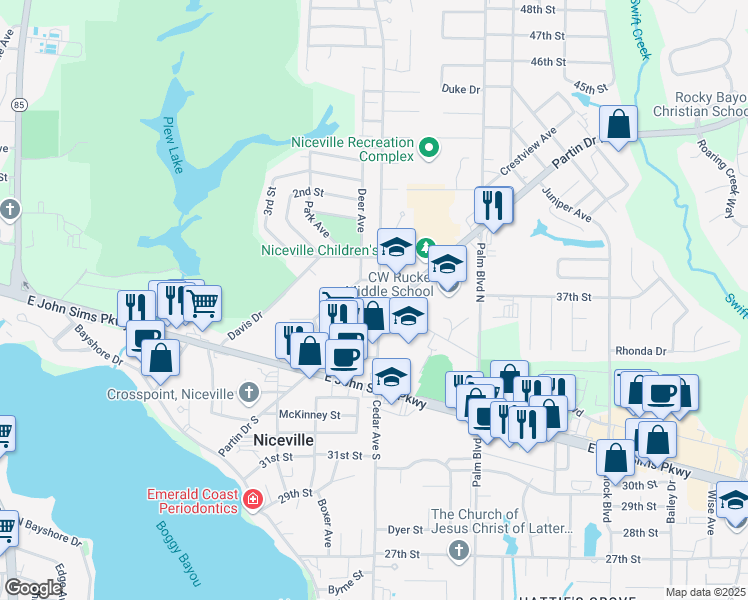 map of restaurants, bars, coffee shops, grocery stores, and more near 725 Powell Drive in Niceville