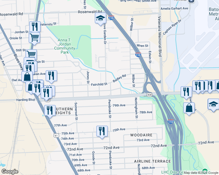 map of restaurants, bars, coffee shops, grocery stores, and more near 2358 Fairchild Street in Baton Rouge