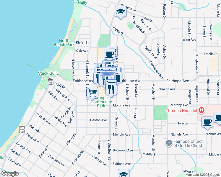map of restaurants, bars, coffee shops, grocery stores, and more near 35 County Road 3 in Fairhope