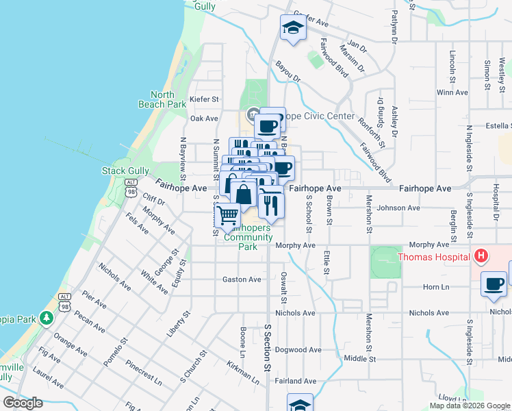 map of restaurants, bars, coffee shops, grocery stores, and more near 51 South Church Street in Fairhope