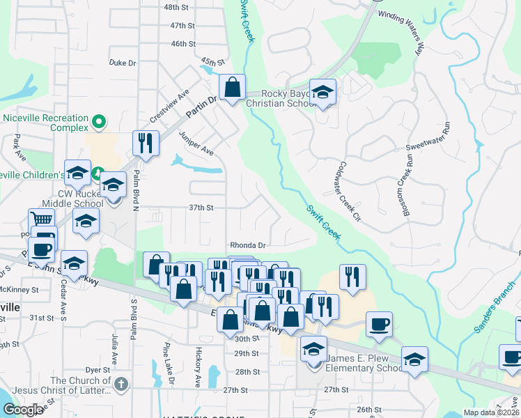 map of restaurants, bars, coffee shops, grocery stores, and more near 409 Larkspur Ct in Niceville