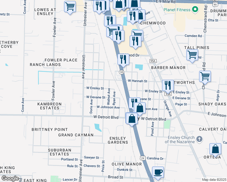 map of restaurants, bars, coffee shops, grocery stores, and more near 8610 Walnut Avenue in Pensacola