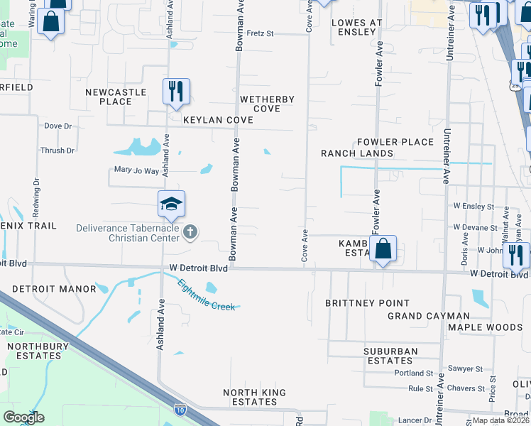 map of restaurants, bars, coffee shops, grocery stores, and more near 8565 Bowman Avenue in Pensacola