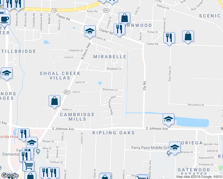 map of restaurants, bars, coffee shops, grocery stores, and more near 8622 Westview Lane in Pensacola