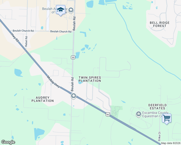 map of restaurants, bars, coffee shops, grocery stores, and more near 8073 Thoroughbred Road in Pensacola