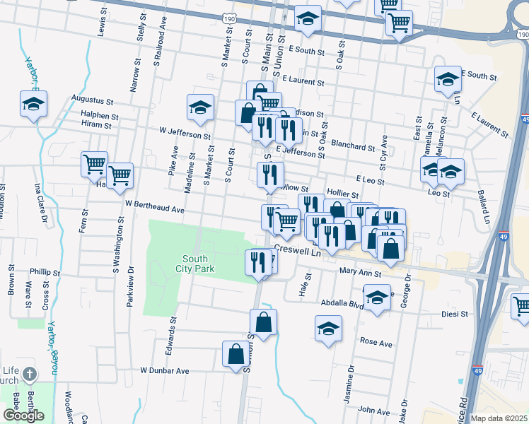 map of restaurants, bars, coffee shops, grocery stores, and more near 1220 S Union St in Opelousas