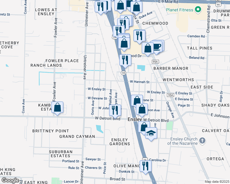 map of restaurants, bars, coffee shops, grocery stores, and more near 8610 Walnut Avenue in Pensacola