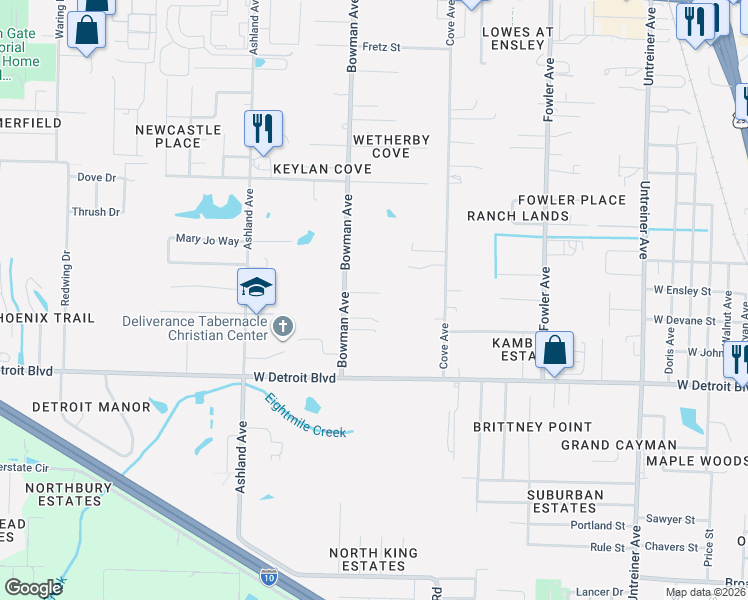 map of restaurants, bars, coffee shops, grocery stores, and more near 8565 Bowman Avenue in Pensacola