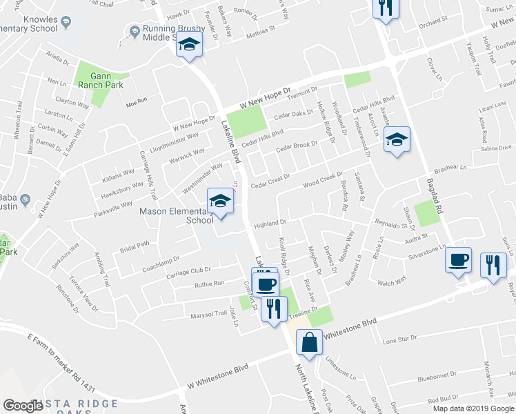 map of restaurants, bars, coffee shops, grocery stores, and more near 1507 Knoll Ridge Drive in Cedar Park