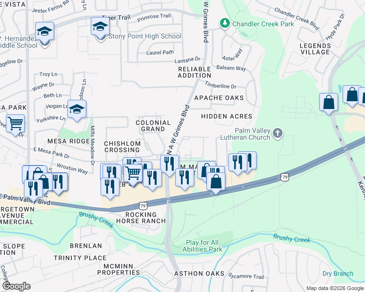 map of restaurants, bars, coffee shops, grocery stores, and more near 1301 North A W Grimes Boulevard in Round Rock