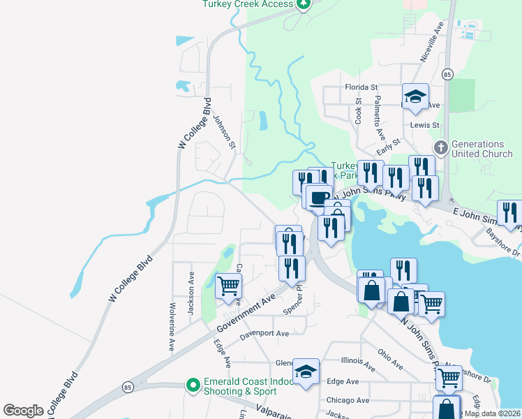 map of restaurants, bars, coffee shops, grocery stores, and more near 300a Kelley Road in Niceville
